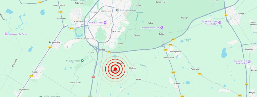 Epicentrum van aardbeving Geelbroek nabij Eleveld, Rolde en Assen